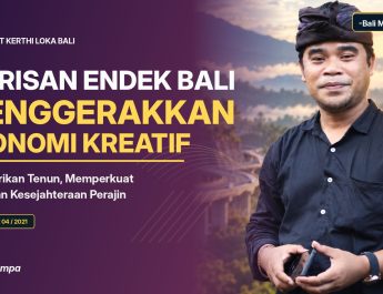 Grafis editorial ulasan Agung Gempa tentang pelestarian kain tenun Endek Bali, SE Gubernur 04/2021, dan ekonomi perajin