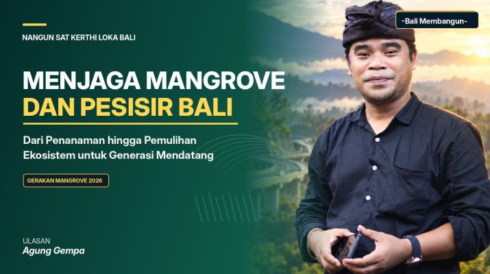 Grafis editorial ulasan Agung Gempa tentang penanaman mangrove, perlindungan ekosistem pesisir, dan gerakan lingkungan Bali