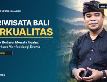 Foto asli Agung Gempa untuk ulasan pariwisata Bali berkualitas dengan gradasi biru, judul dan identitas redaksi