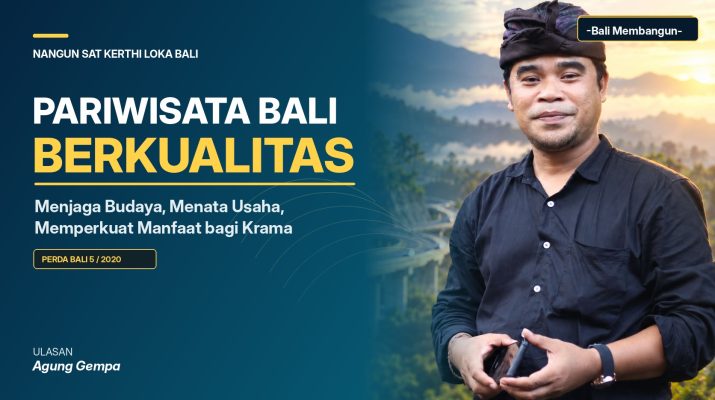 Foto asli Agung Gempa untuk ulasan pariwisata Bali berkualitas dengan gradasi biru, judul dan identitas redaksi