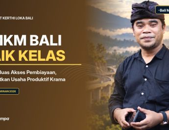 Grafis editorial ulasan Agung Gempa mengenai pembiayaan UMKM, program KUR, dan penguatan ekonomi produktif Bali