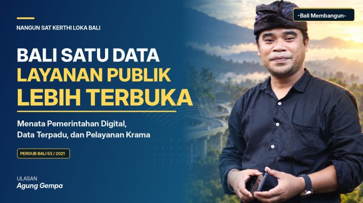 Grafis editorial ulasan Agung Gempa tentang Pergub Bali 53/2021, Satu Data, dan transparansi layanan digital Pemerintah Provinsi Bali