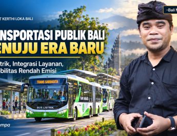Grafis ilustratif Bali Membangun: foto asli Agung Gempa dan latar bus listrik untuk ulasan pengembangan transportasi publik Bali