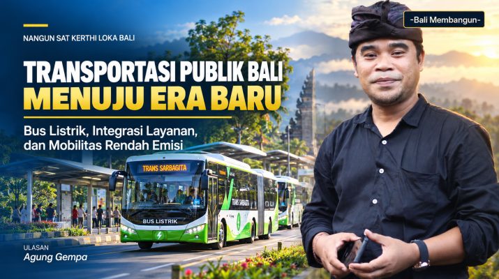 Grafis ilustratif Bali Membangun: foto asli Agung Gempa dan latar bus listrik untuk ulasan pengembangan transportasi publik Bali