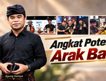 Grafis ulasan Agung Gempa mengenai kebijakan penguatan arak Bali, disertai tiga foto dokumentasi kegiatan internasional.
