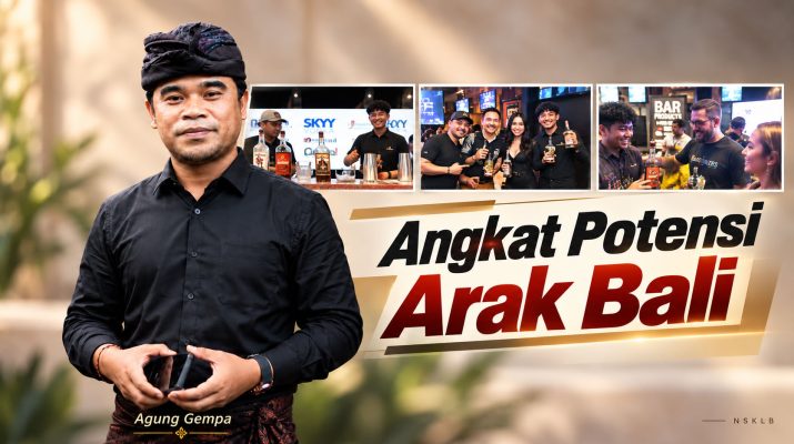 Grafis ulasan Agung Gempa mengenai kebijakan penguatan arak Bali, disertai tiga foto dokumentasi kegiatan internasional.